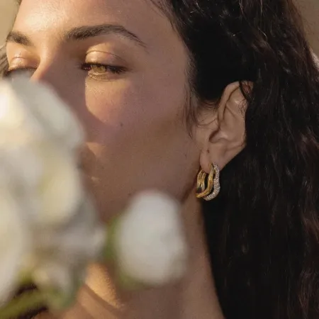 Altın Kar Taneli Çift Halka Küpe